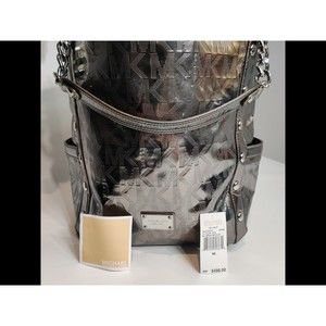 🌞MICHAEL KORS DELANCY STUDDED LOGO SILVER MIRROR METALLIC LARGE TOTE BAG🌺NWT